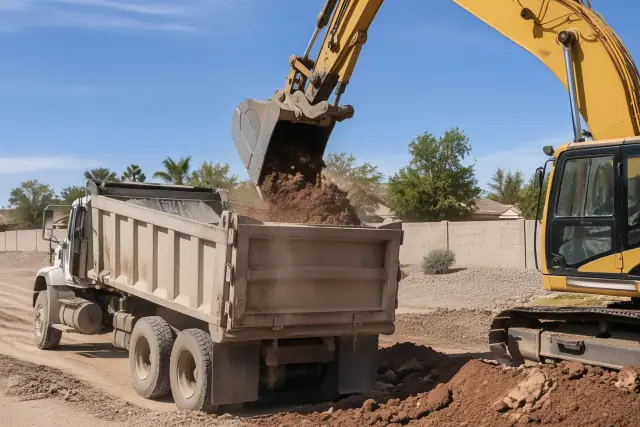 Excavator dumping heavy stone into a haul truck on a jobsite in Mesa, AZ.