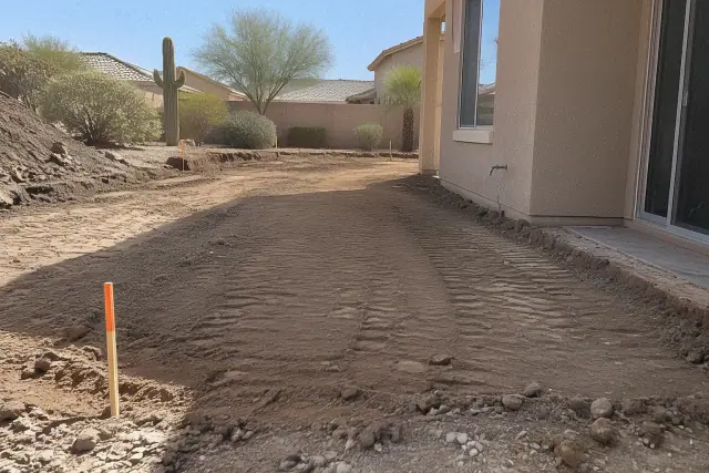 Graded soil and compaction marks after concrete removal at a residential property in Mesa, AZ.