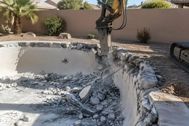 Excavator breaking a concrete pool shell in Mesa, AZ, showing shattered bond beam and rebar.