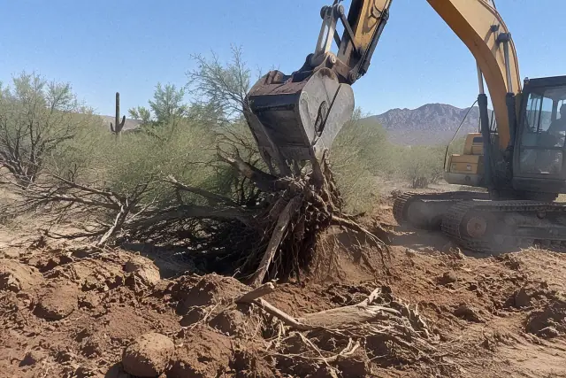 Excavator grubbing a mesquite stump from native desert soil in Mesa, AZ.