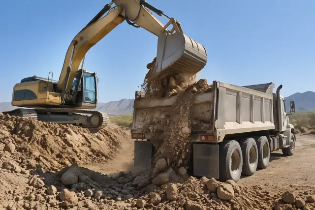 Excavator dumping stone and earth into a haul truck during site preparation in Mesa, AZ.