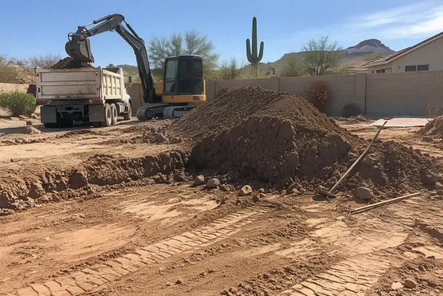 Contractor progress photo of excess dirt and topsoil removal at a residential site in Mesa, AZ.