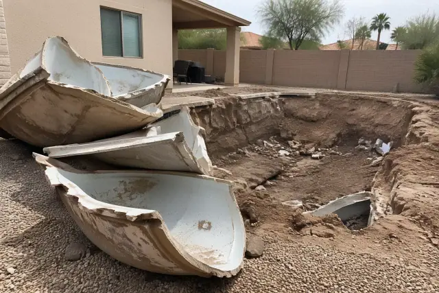 Fiberglass pool removal and demolition in a backyard in Mesa, AZ, showing excavated soil and fractured shell sections.