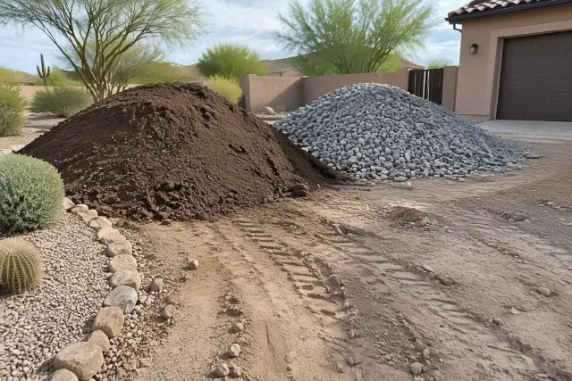 Freshly delivered piles of topsoil and grey aggregate at a residential site in Mesa, AZ.