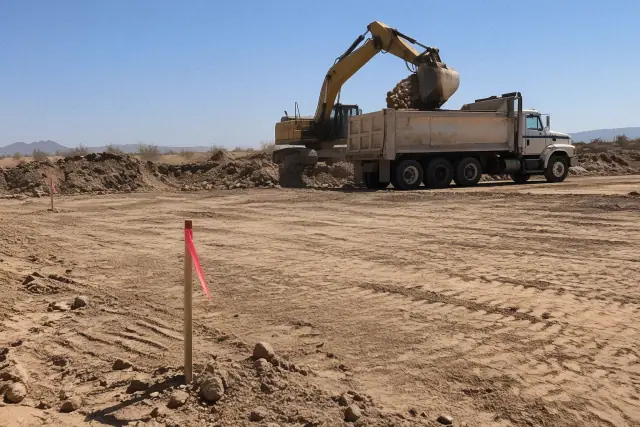 Excavator dumping heavy stone into a haul truck at a dirt site in Mesa, AZ.