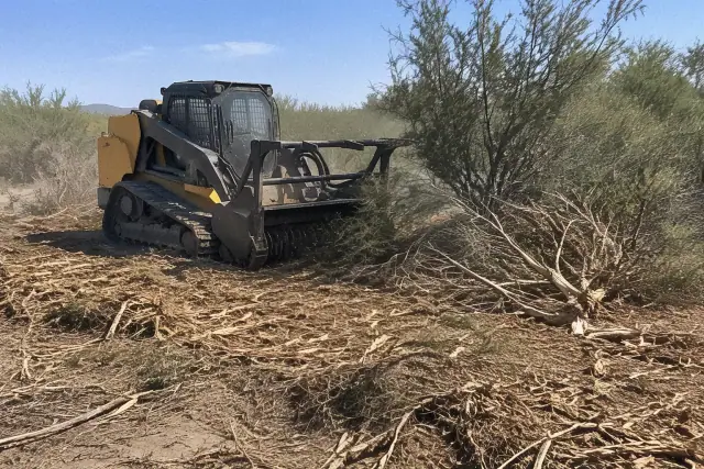 Heavy forestry mulcher clearing dense desert brush and small trees on a rugged lot in Mesa, AZ.