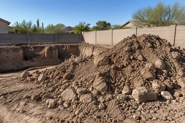 Foundation and pool excavation spoil piled at a residential jobsite in Mesa, AZ.