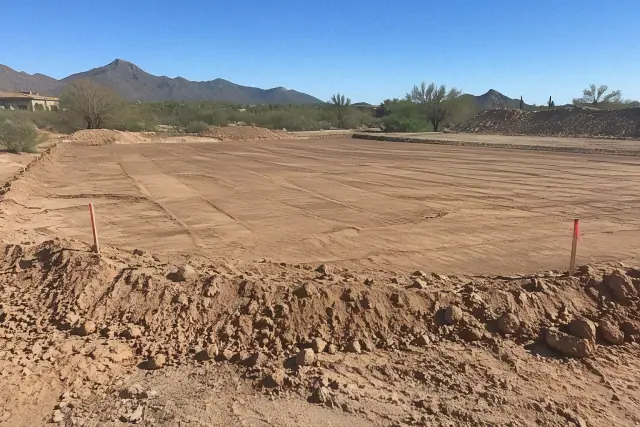 Foundation excavation and building pad with compacted soil and laser stakes in Scottsdale, AZ.
