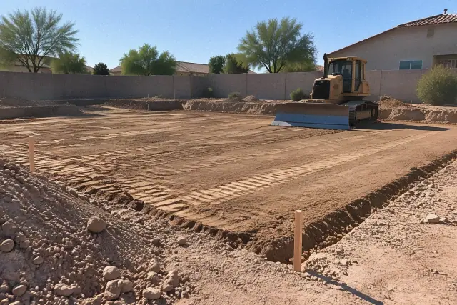 Bulldozer leveling an earthen pad for foundation excavation in Gilbert, AZ.