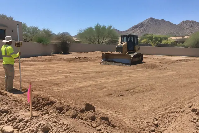 Bulldozer leveling a compacted earthen pad for a new foundation in Paradise Valley, AZ.