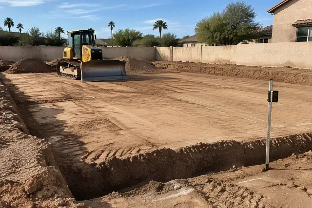 Bulldozer leveling a compacted earthen pad for a foundation in Tempe, AZ.