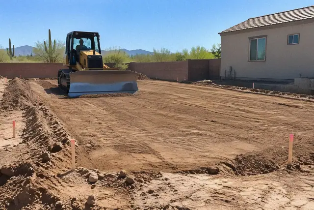 Bulldozer leveling earth for a building pad during foundation excavation in Queen Creek, AZ.