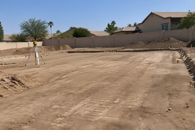 Compacted earthen building pad with laser level tripod for a foundation in Chandler, AZ.