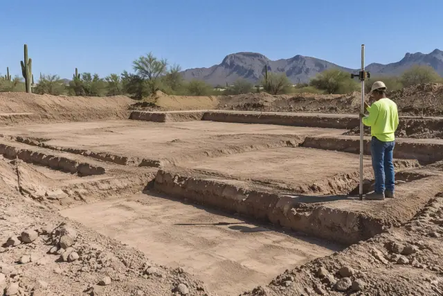 Compacted earth building pad for foundation excavation in Apache Junction, AZ with a laser elevation rod.