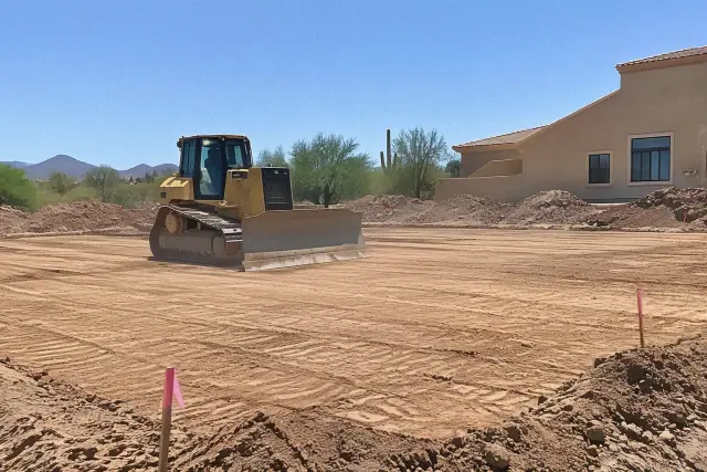Bulldozer leveling an earthen building pad with grader tracks and survey stakes in Mesa, AZ.