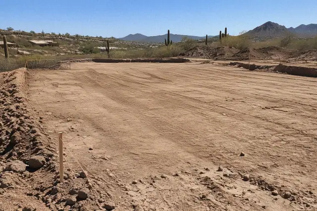 Compacted earthen building pad with grade stakes and surveyor string lines in Fountain Hills, AZ.