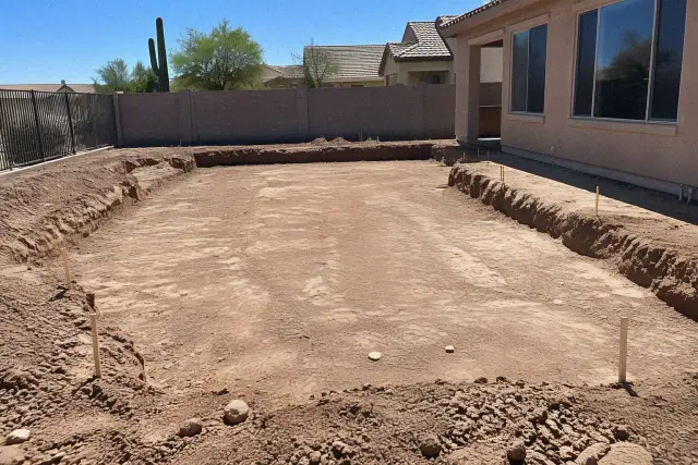 Foundation excavation and building pad with wooden stakes at a residential property in Mesa, AZ.