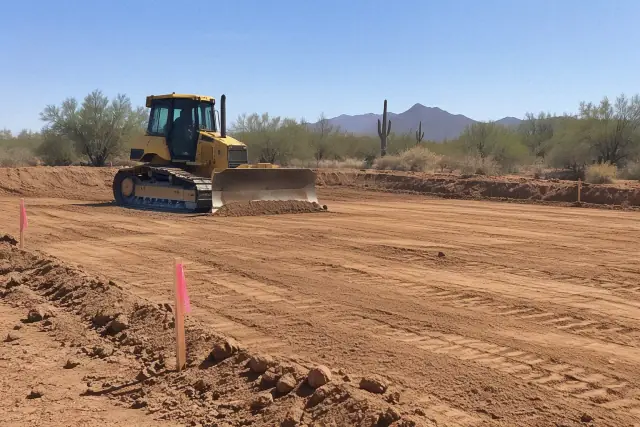 Bulldozer leveling a compacted earthen pad for a foundation in Phoenix, AZ.