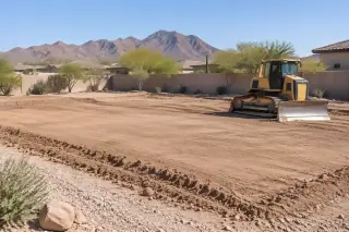 Bulldozer leveling a compacted earthen pad for a foundation in Mesa, AZ.