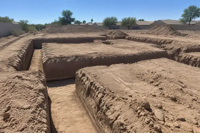 Foundation and footing excavation for building pads in a residential yard in Mesa, AZ.