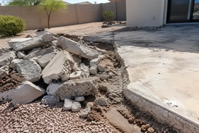 Fractured concrete chunks piled beside a jagged cut grade slab at a residential foundation removal in Mesa, AZ.