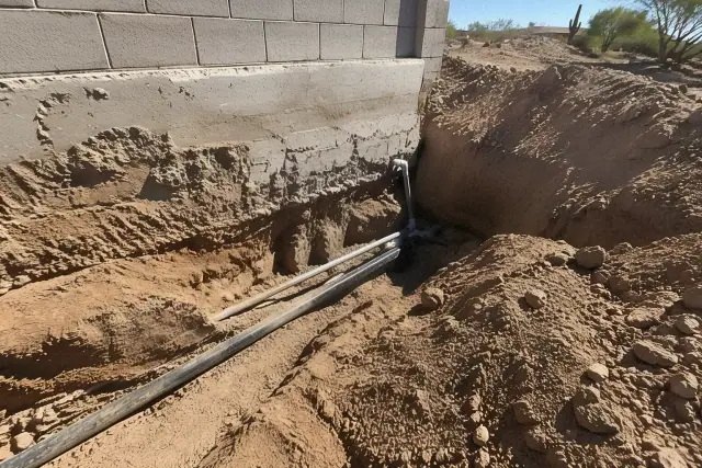 Foundation utility exposure and hydro excavation work in Mesa, AZ, showing exposed soil and utility lines in arid desert