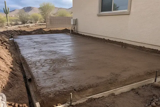 Compact earthen building pad for hydro excavation in Mesa, AZ, showing damp soil and a stucco wall.