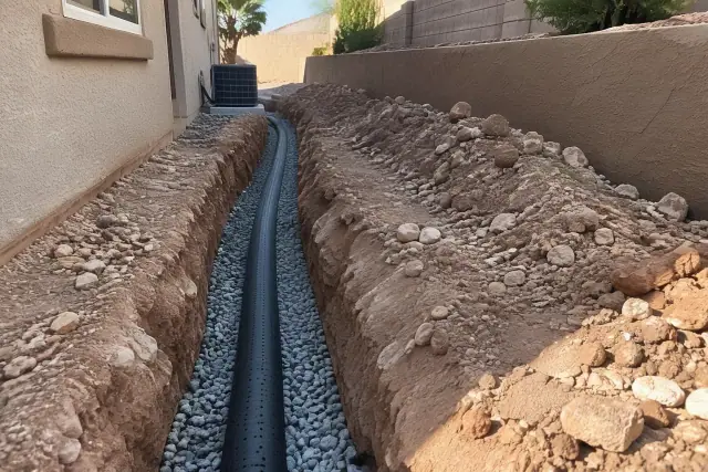French drain excavation in a Mesa, AZ residential yard showing a perforated pipe and gravel backfill.
