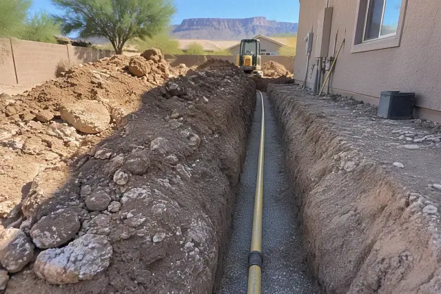 Gas line trenching in caliche-rich desert soil at a residential property in Mesa, AZ.