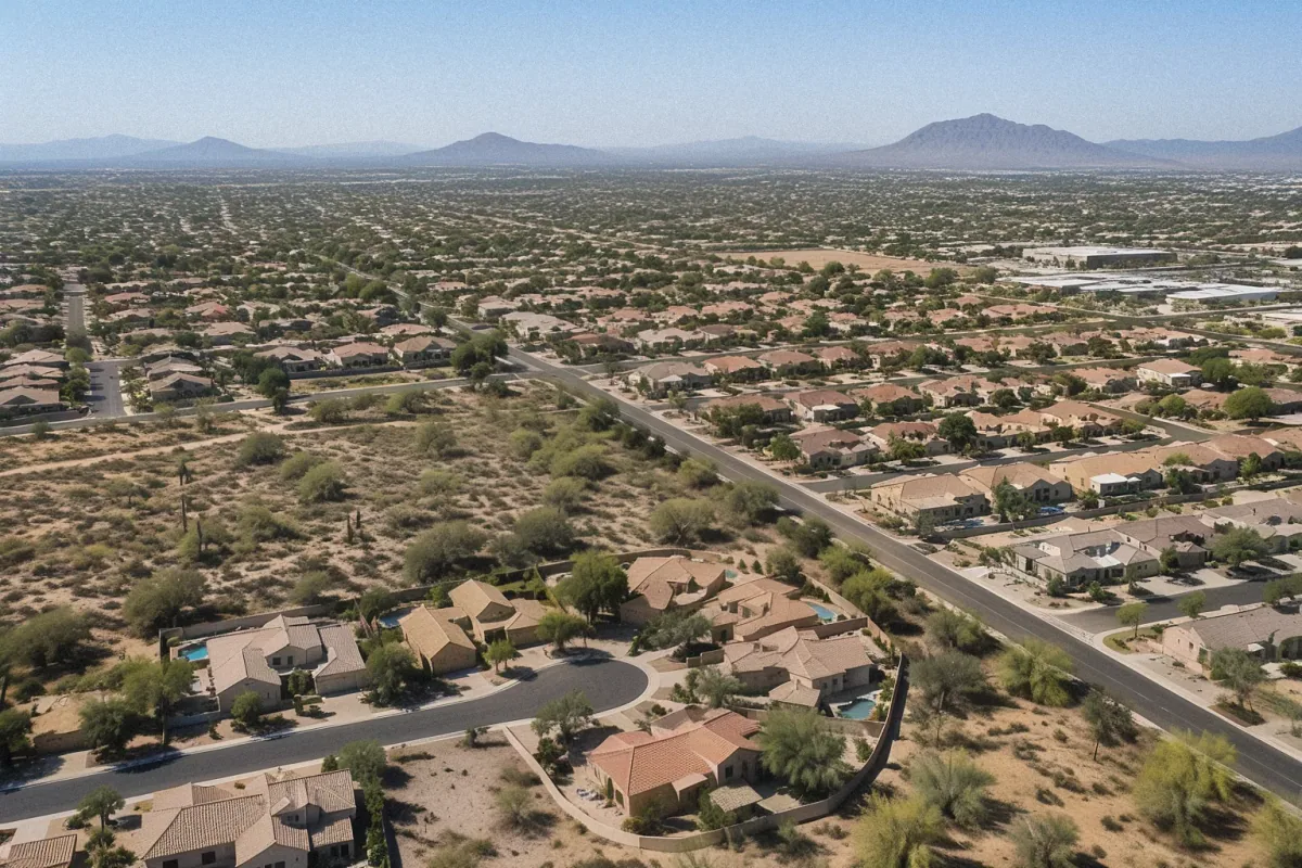 Stucco homes and saguaro cacti in a suburban Mesa, AZ neighborhood under bright daylight.