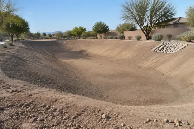 Freshly graded drainage retention basin and excavated earth at a commercial jobsite in Mesa, AZ.