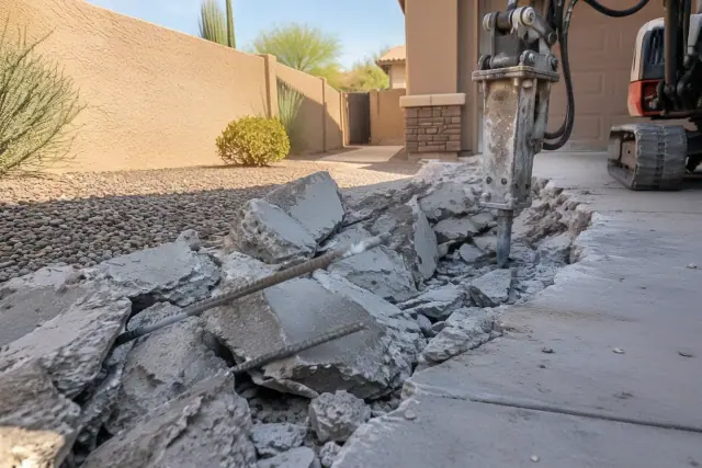 Hydraulic concrete demolition and fractured rubble on a residential driveway in Mesa, AZ.