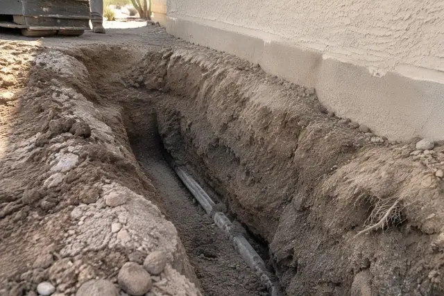 Hydro excavation in Mesa, AZ showing damp trench walls, soil strata, and an exposed utility conduit.