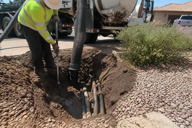 Hydro excavation safely exposing underground utility conduits in Chandler, AZ.