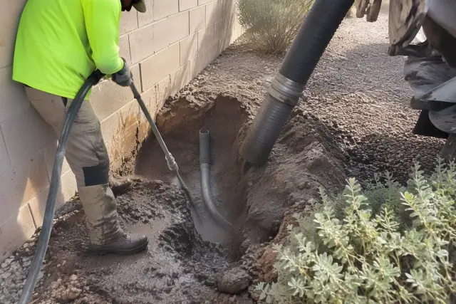 Hydro excavation in Scottsdale, AZ showing damp soil and an exposed utility conduit sleeve.