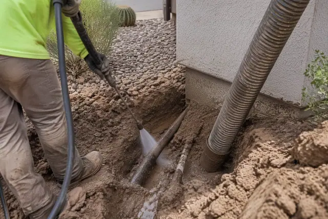 Hydro excavation in Fountain Hills, AZ, showing a vacuum hose and muddy soil exposing utility lines.