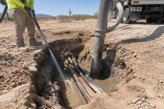 Hydro excavation slurry trench and vacuum hose in caliche soil in Queen Creek, AZ.