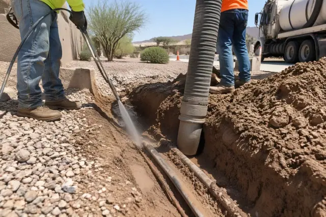 Hydro excavation exposing underground utilities in San Tan Valley, AZ with a high-pressure water wand and vacuum tube.