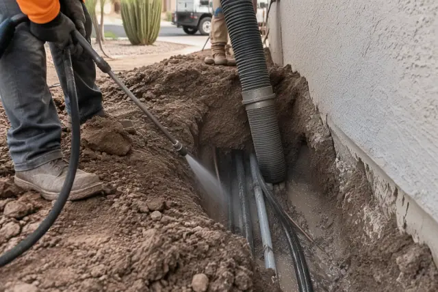 Hydro excavation crew exposing underground utilities in a residential yard in Tempe, AZ.