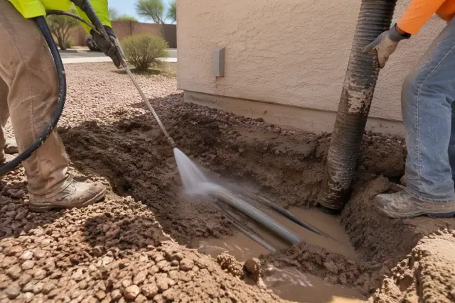 Hydro excavation in Gilbert, AZ showing a high-pressure water wand exposing underground utilities in wet soil.