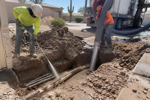 Hydro excavation exposing underground utilities in a residential yard in Phoenix, AZ.