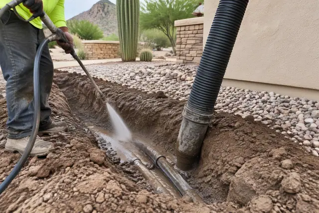 Hydro excavation showing exposed underground utility lines near a stucco wall in Paradise Valley, AZ.