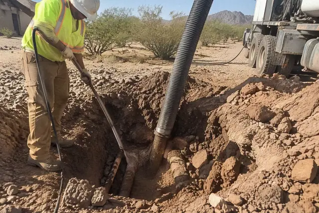 Hydro excavation showing damp desert soil and a vacuum hose in Apache Junction, AZ.