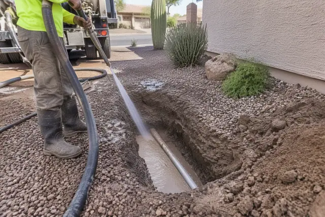 Contractor using a high-pressure wand for hydro excavation and utility trenching in Mesa, AZ.