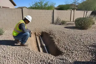 Service professional inspecting a backfilled utility trench in Mesa, AZ.