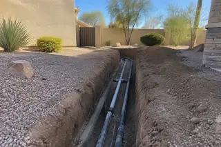 Wide view of Sonoran desert gravel landscaping and a stucco wall after hydro excavation in Mesa, AZ.