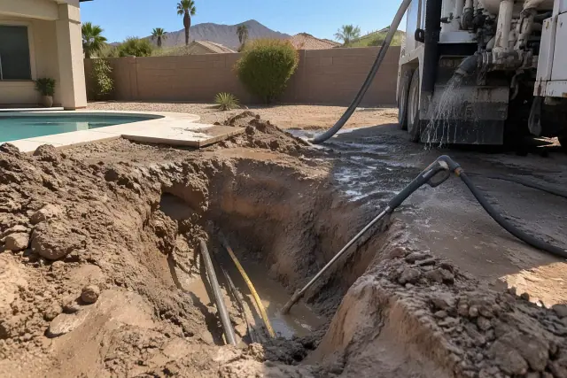 Hydro excavation for a pool project exposing buried utilities in Mesa, AZ.