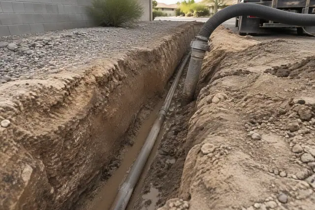 Hydro excavation trench near utility lines during land clearing at a Mesa, AZ residential property.