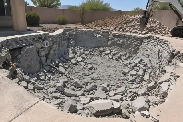 Inground gunite and shotcrete pool demolition in a residential backyard in Mesa, AZ.