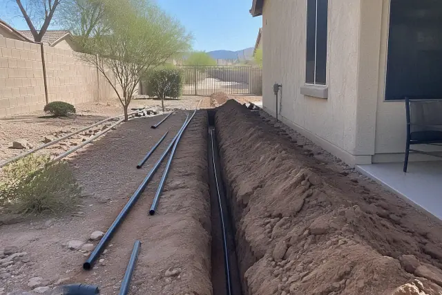 Irrigation trenching with pipes and turned earth at a residential property in Mesa, AZ.